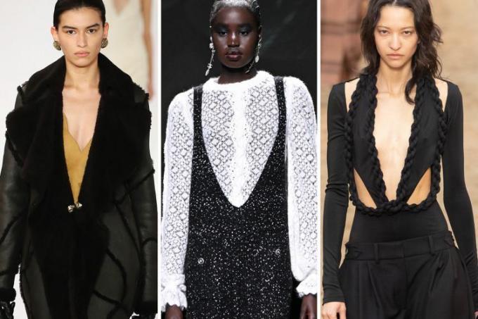 V-neck terjun, salah satu tren fesyen musim gugur 2023 terbaik, dikenakan oleh para model di peragaan busana Chloé, Stella McCartney, Chanel FallWinter 20232024.