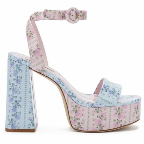 Larroudé for LoveShackFancy: Sandal Dolly v růžové cerulianské modré a patentované růžové barvě