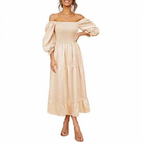 UIMLK vrouwen Boho Flowy Cottagecore Bladerdeeg Mouw Uit De Schouder Zomer Casual Plaid Ruche Midi Lange Jurk