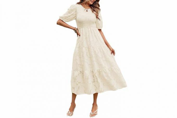 MEROKEETY dámské letní šaty s nafouknutým rukávem, květinové šaty s vroubkovaným výstřihem, krajkové splývavé, vázané midi šaty