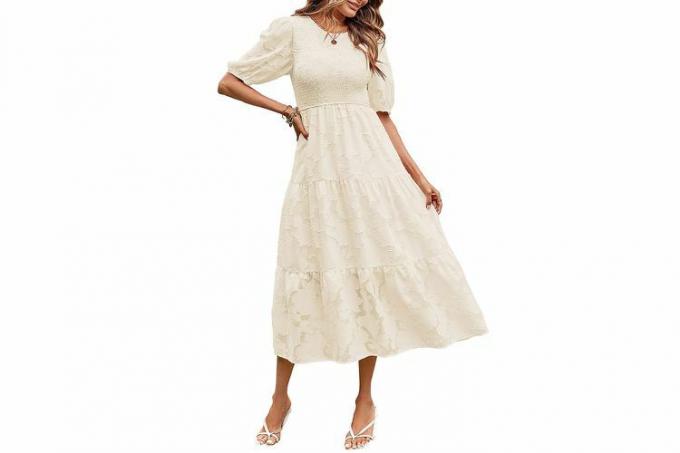 MEROKEETY ผู้หญิง 2023 ฤดูร้อนแขนพัฟ Smocked Floral Dress Crewneck Lace Flowy Tiered Midi Dresses