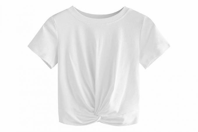 Amazon Prime Day MakeMeChic Летний укороченный топ Однотонная футболка с короткими рукавами и поворотом спереди