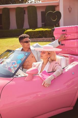 Shay Mitchell 'Barbie' Movie x Béis Pink Convertible Dressed as Barbie