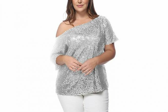 Anna-Kaci Women's Plus Size Sequin One Shoulder Short Sleeve Party Top