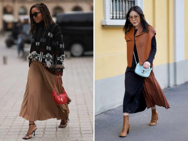 To kvinder bærer sorte og brune outfits med farverige tasker,