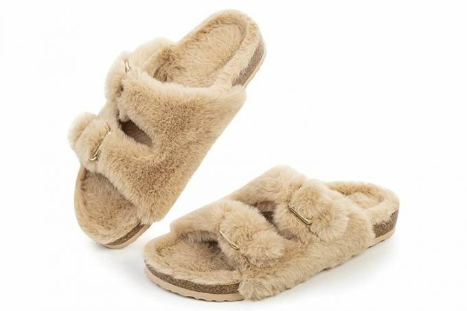 Dámské pantofle Amazon FITORY s otevřenou špičkou a útulnou podšívkou, sandály z umělé králičí kožešiny z korku