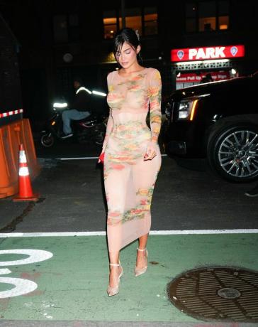 Kylie Jenner mengenakan gaun jala.