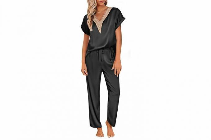 Oktober Amazon Prime Day Ekouaer Silk Pyjamas Set Damspets V-hals Loungewear Kortärmad satängskjorta med långbyxa Silkeslen Pjs