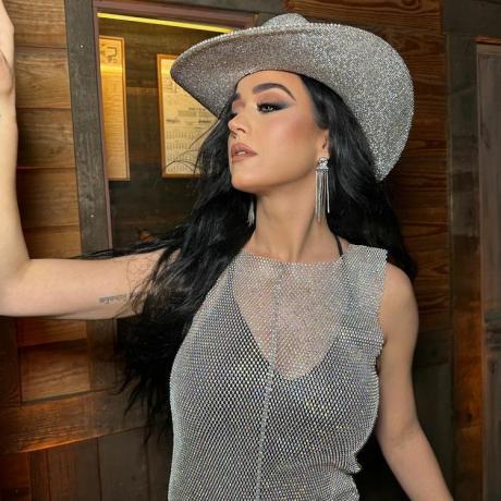 Katy Perry Cowgirl Chainmail Bodysuit Instagram Santa Barbara kariete un Rietumu mākslas muzejs