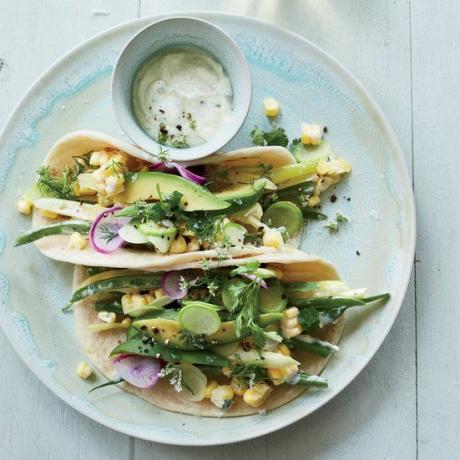 Tacos del mercato verde con crema di mais