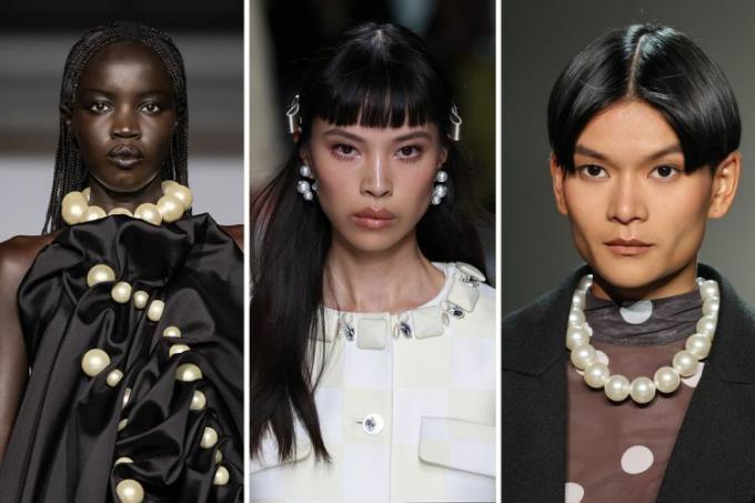 Modelos que lucen joyas de perlas, una de las mejores tendencias en joyería de la primavera de 2024, desfilan por las pasarelas de Kimhekim, Versace y Sixdo.