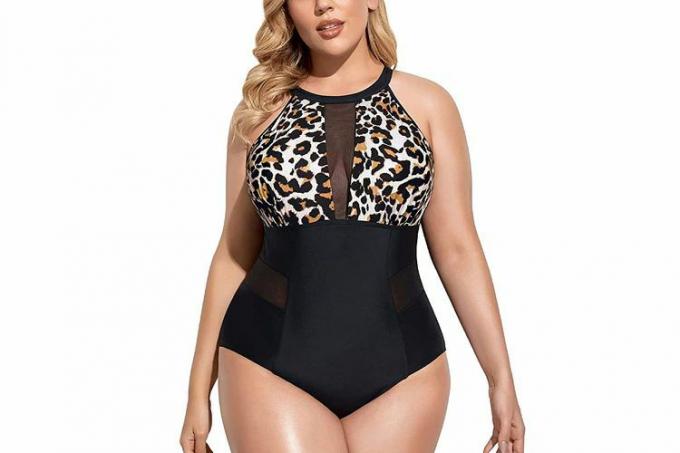 Amazon Daci Plus Size One Piece საცურაო კოსტუმი ქალებისთვის მაღალი კისრის ბადისებრი ამოჭრილი საცურაო კოსტუმები