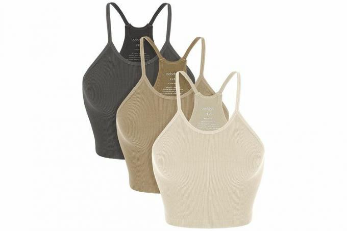 ODODOS Women's Crop 3-Pack Washed Seamless Rib-Knit Camisole Crop Tank Tops