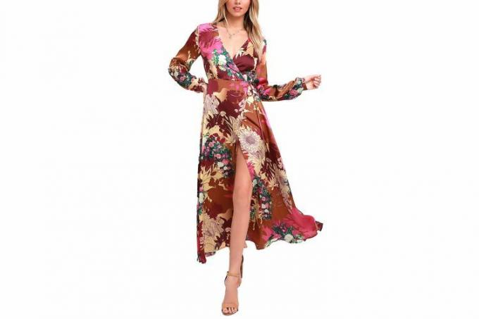 Lulu's Nasaďte si úsměv Vínové saténové zavinovací maxi šaty s květinovým potiskem