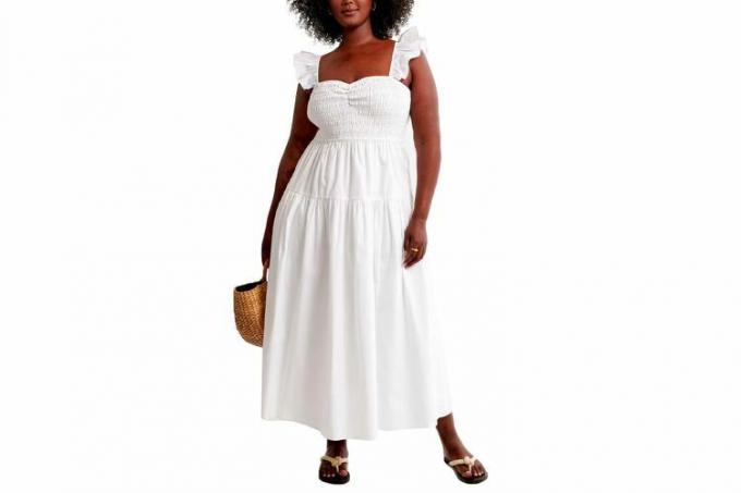 Abercrombie & Fitch فستان متوسط ​​الطول بحمالات مكشكشة أبيض